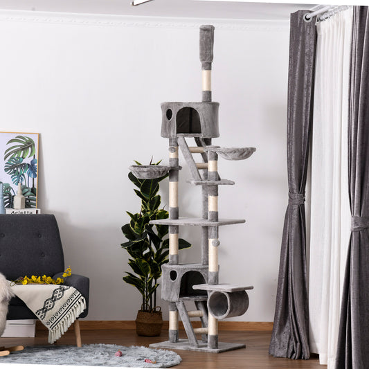 PawHut 94"-102" Huge Cat Tree Ceiling High Cat Condo Scratching Post Activity Center Multi-Level Play House Light Grey | Aosom Canada