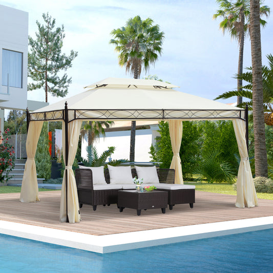 Outsunny 10x13ft Garden Gazebo Double-Tiered with Curtain Outdoor Shelter Backyard Canopy Cream White | Aosom Canada