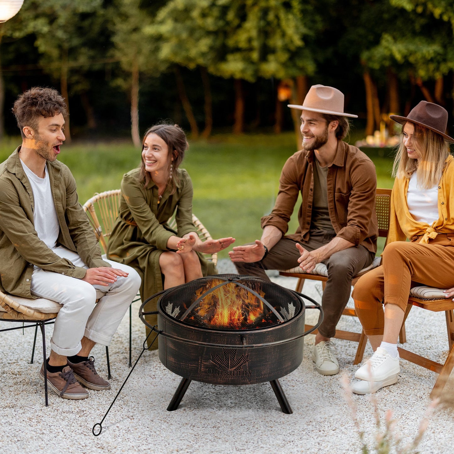 Outsunny Outdoor Fire Pit with Screen Cover, Wood Burning Firebowl with Poker for Patio, Backyard, Black | Aosom Canada