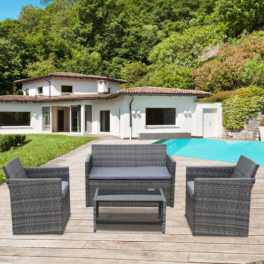 Outsunny 4 pcs Rattan Garden Furniture Set with 2-seater Chairs & Tempered Glass Coffee Table, Grey | Aosom Canada