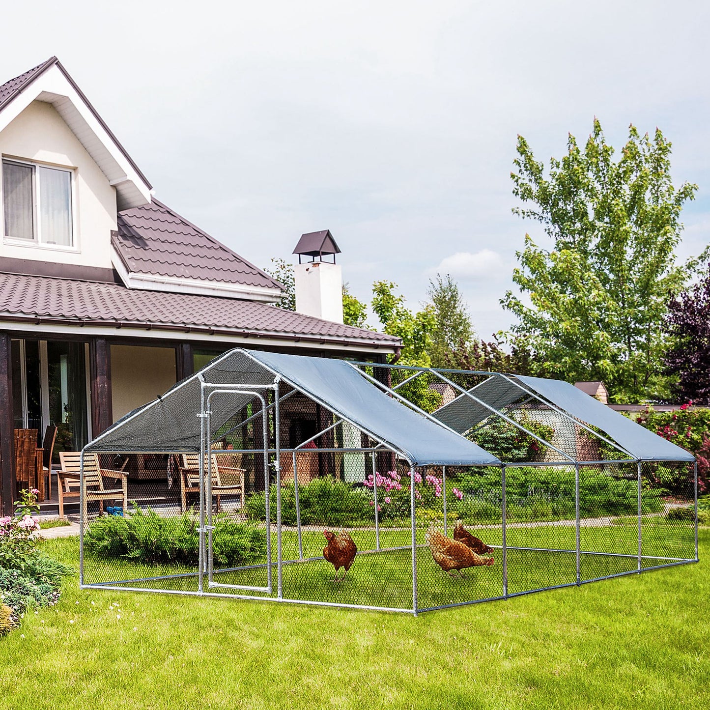 PawHut Galvanized Large Metal Chicken Coop Cage 4 Rooms Walk-in Enclosure Poultry Hen Run House 10'x26'x6.5' Silver | Aosom Canada
