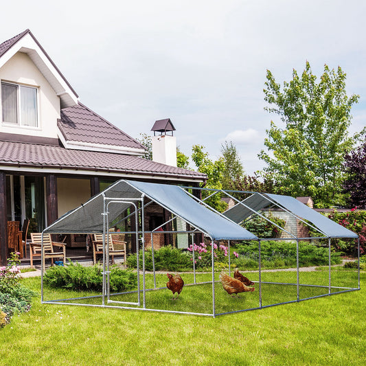 PawHut Galvanized Large Metal Chicken Coop Cage 4 Rooms Walk-in Enclosure Poultry Hen Run House 10'x26'x6.5' Silver | Aosom Canada