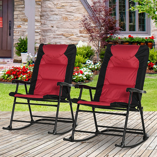 Outsunny Folding Rocking Chair Set Pack of 2 Padded Rockers with Armrest, Red/Black | Aosom Canada
