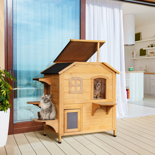 PawHut Solid Wood Cat House 2-Stories, with Indoor Lounge Space, Indoor/Outdoor, and Fun Entrances, Catio, Yellow | Aosom Canada