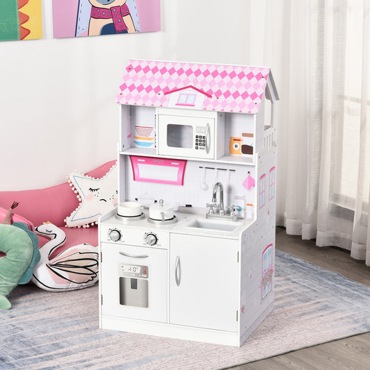 Qaba 2 in 1 Multifunctional Kids Kitchen Doll House Toddler Pretend Play Toy Kitchen w/ Accessories Realistic Play Set Pink | Aosom Canada