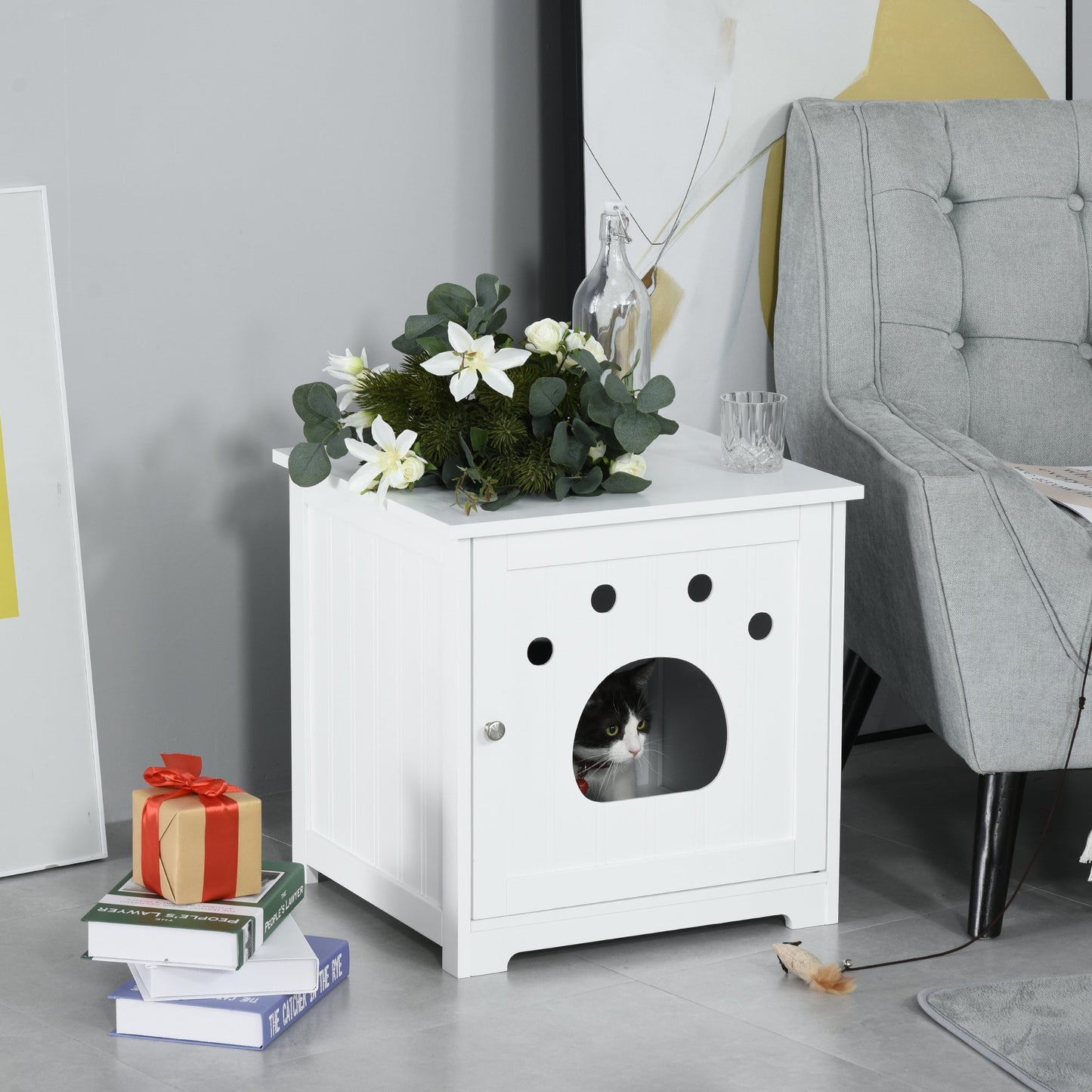 PawHut Wooden Cat Washroom Pet Litter Box Enclosure Kitten House Nightstand End Table Hideaway Cabinet with Magnetic Doors White | Aosom Canada