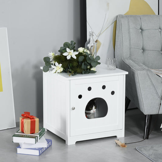 PawHut Wooden Cat Washroom Pet Litter Box Enclosure Kitten House Nightstand End Table Hideaway Cabinet with Magnetic Doors White | Aosom Canada