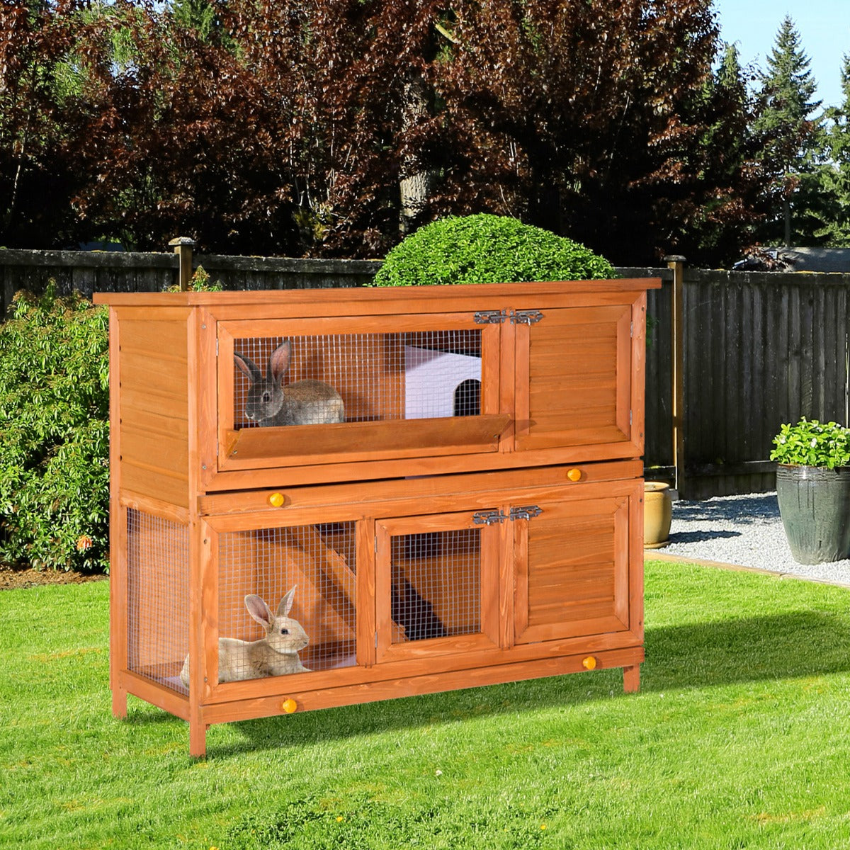 PawHut rabbit pen bunny cages small animal cage 2 Tier Elevated Wooden Rabbit Hutch 47"L x 19"W x 39"H w/ Sliding-Out Tray | Aosom Canada