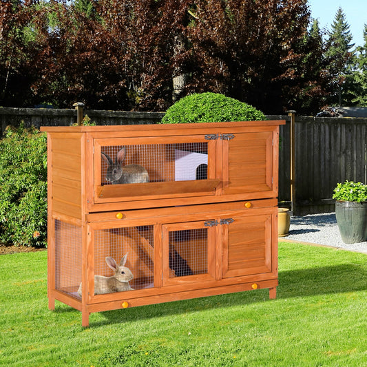 PawHut rabbit pen bunny cages small animal cage 2 Tier Elevated Wooden Rabbit Hutch 47"L x 19"W x 39"H w/ Sliding-Out Tray | Aosom Canada