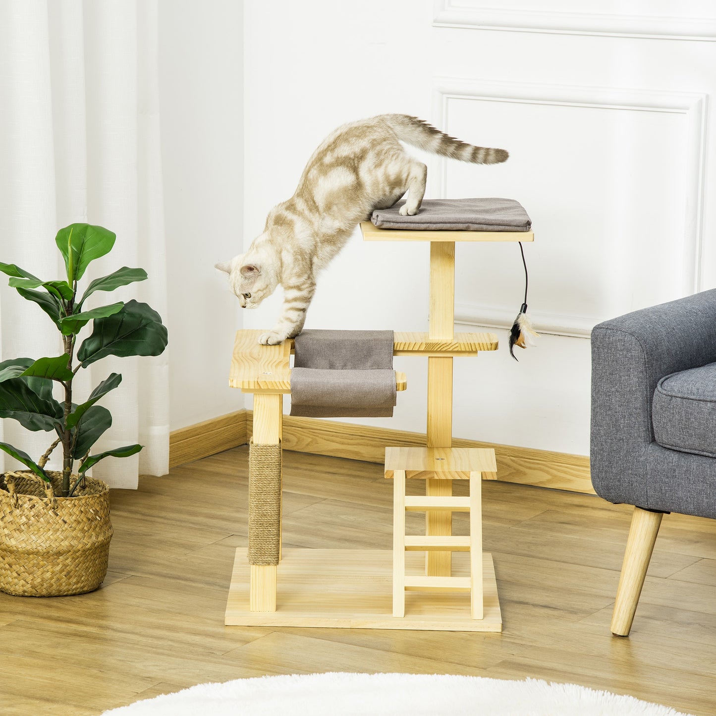 PawHut 25.5" Cat Tree Kitty Activity Center Pinewood Cat Climbing Toy Pet Furniture with Jute Scratching Post Natural | Aosom Canada