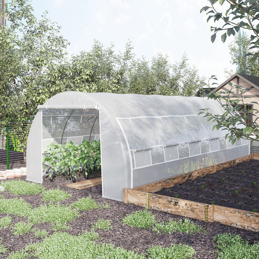 Outsunny Large Walk-in Greenhouse, 20'x10'x6' Tunnel Greenhouse with Zippered Door and 12 Roll-up Windows, White | Aosom Canada