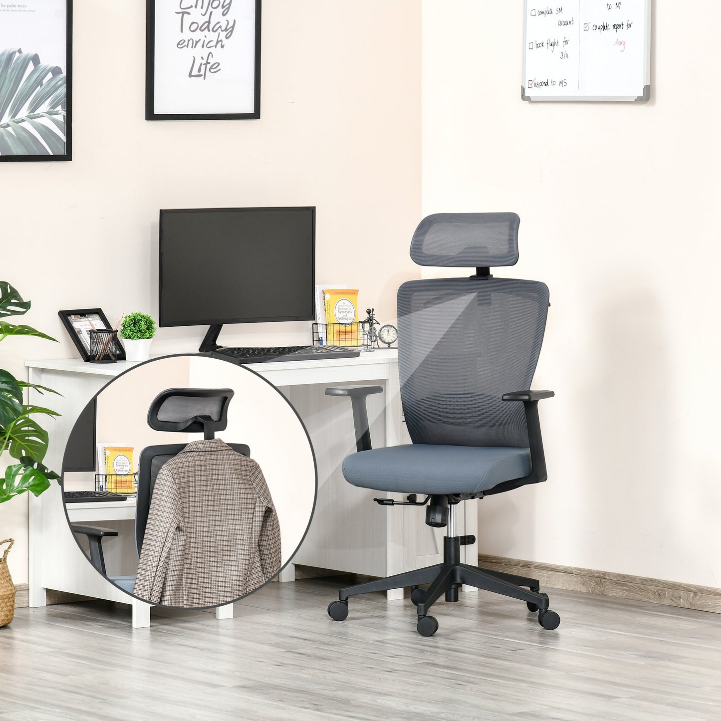 Vinsetto Mesh Office Chair with Lumbar Back Support High Back Swivel Task Chair, Adjustable Height Head Pillow, Blue Grey | Aosom Canada