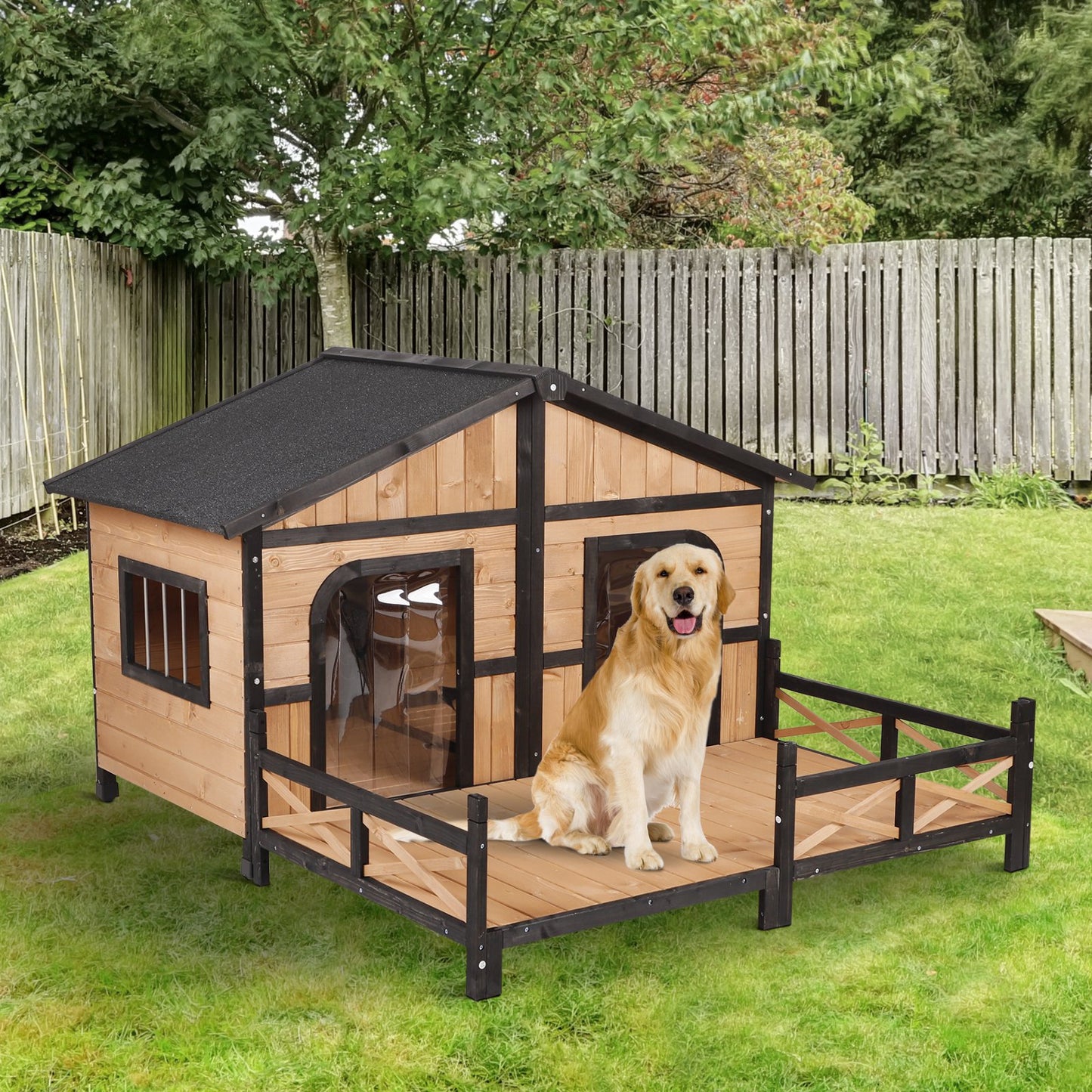 PawHut Wooden Large Dog House Perfect for the Porch or Deck and Includes Bottom Slide-Out Tray 59" L Natural Wood Color | Aosom Canada
