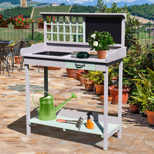HOMCOM Garden Wooden Potting Table Outdoor Planting Workstation Bench w/ Storage Shelf Garage Tool Table Grey | Aosom Canada