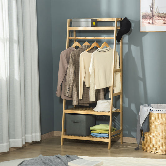HOMCOM Bamboo Garment Rack, Freestanding Wooden Clothing Rack with 3 Tier Storage Shelves, Hooks and Hanging Rail, Natural | Aosom Canada