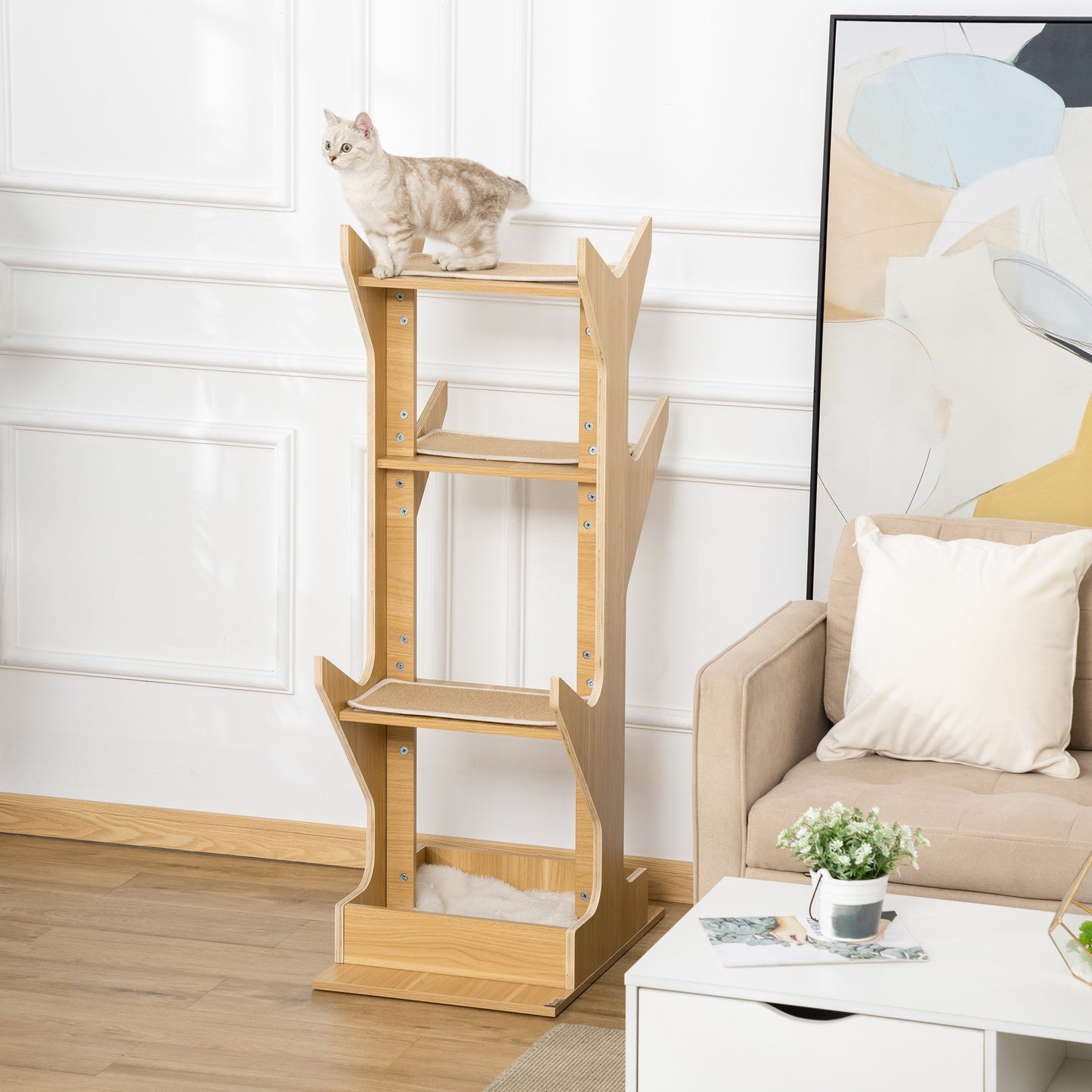 PawHut 4-level Platform Cat Tree with Resting House, Activity Center for kittens, Cat Tower Furniture with Cushion, Oak | Aosom Canada