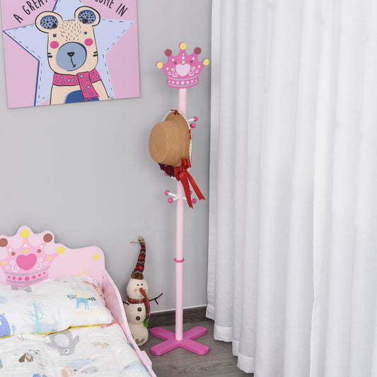 Qaba Kids Coat Rack Free Standing Wooden Tree Hanger with Crown Modeling Design 8 Hooks for Scarves Hats Clothes Bracelets Bags Pink | Aosom Canada