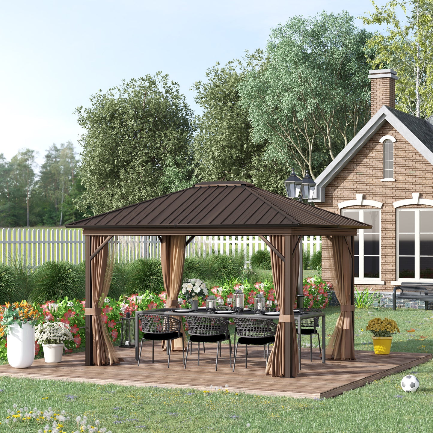 Outsunny 10' x 12' Outdoor Hardtop Gazebo Metal Roof Patio Gazebo with Aluminum Frame, Mesh Nettings, Brown | Aosom Canada
