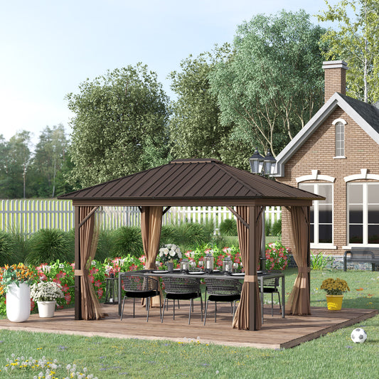 Outsunny 10' x 12' Outdoor Hardtop Gazebo Metal Roof Patio Gazebo with Aluminum Frame, Mesh Nettings, Brown | Aosom Canada