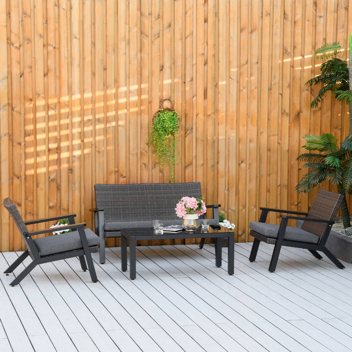 Outsunny 4-Piece Patio Sofa Set, PE Rattan Outdoor Sofa with 2 Cushioned Sofas, 1 Loveseat and Coffee Table with Tempered Glass Top | Aosom Canada