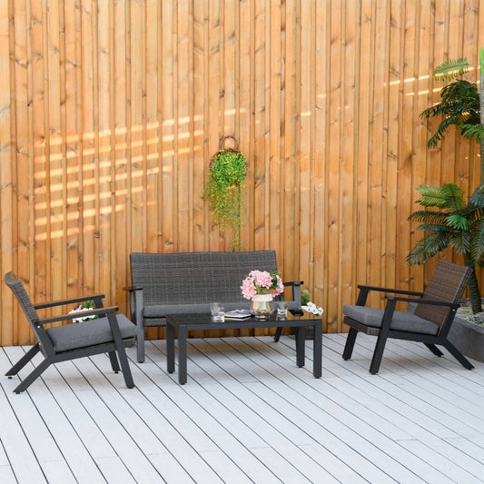 Outsunny 4-Piece Patio Sofa Set, PE Rattan Outdoor Sofa with 2 Cushioned Sofas, 1 Loveseat and Coffee Table with Tempered Glass Top | Aosom Canada