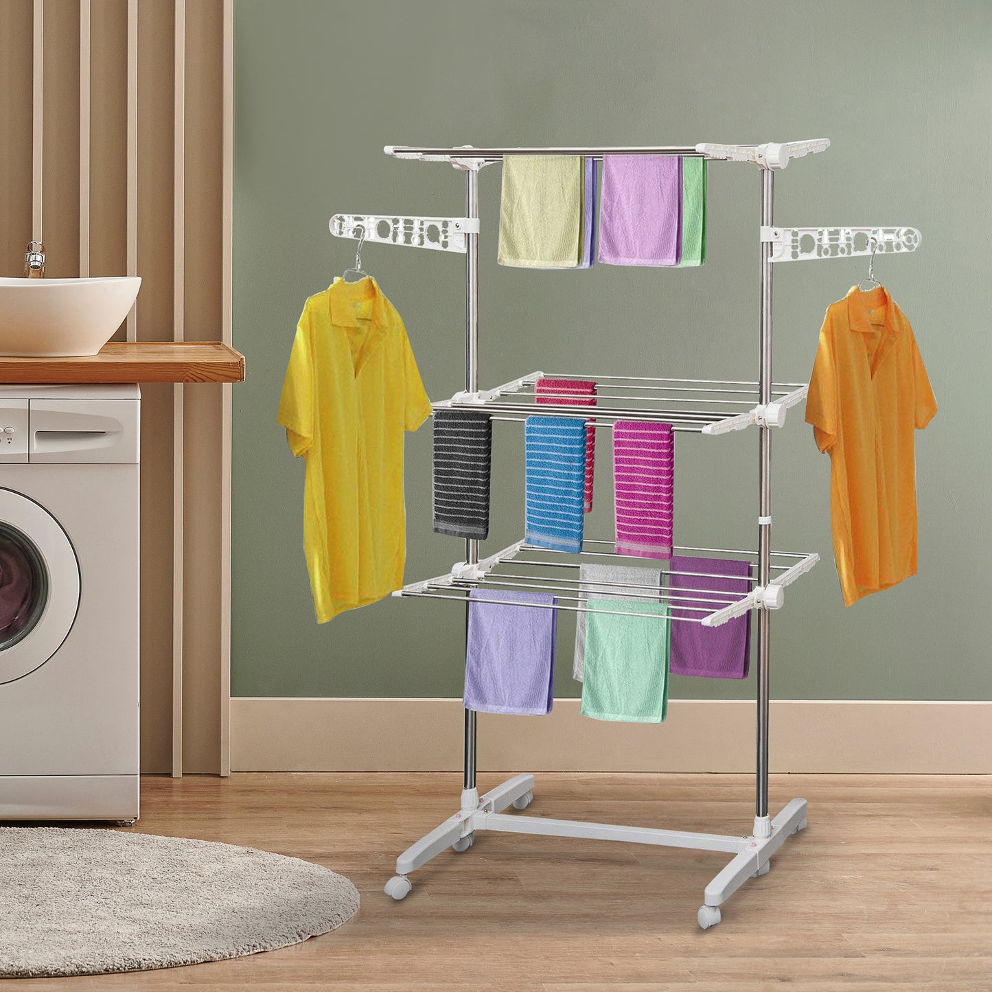 HOMCOM Foldable 3 Tier Clothes Drying Rack Rolling Heavy-Duty Hanger Towel Holder Indoor Outdoor Stainless Steel Hanging | Aosom Canada