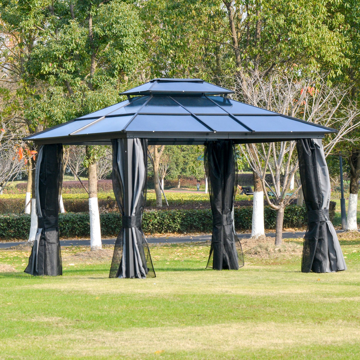 Outsunny 12'x10' Polycarbonate Hardtop Gazebo Canopy Outdoor Double Tier Roof Aluminum Frame with Curtains, Netting Sidewalls, Black | Aosom Canada