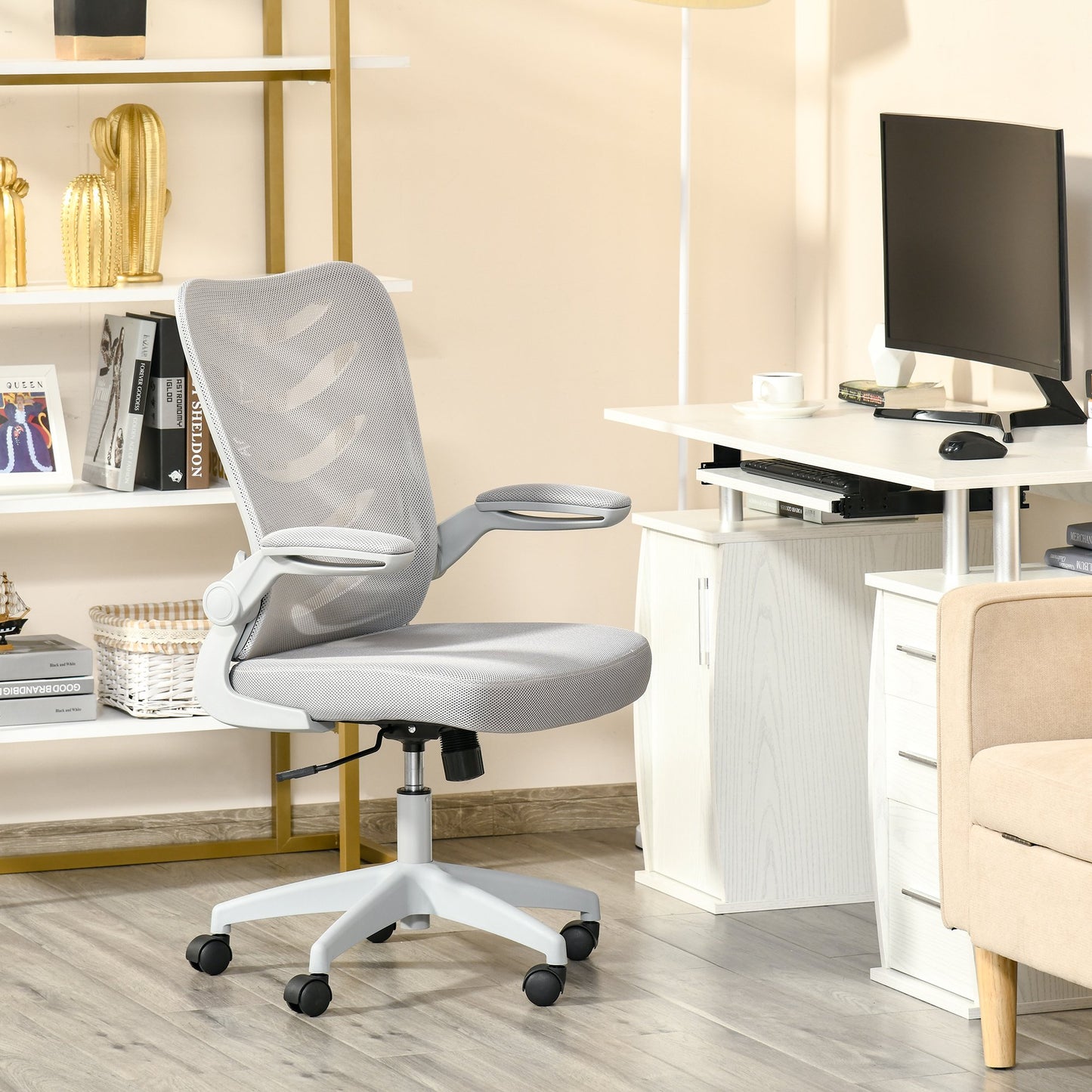 Vinsetto Mesh Home Office Chair Mid Back Task Desk Chair with Lumbar Back Support, Flip-Up Arm, Adjustable Height, Grey | Aosom Canada