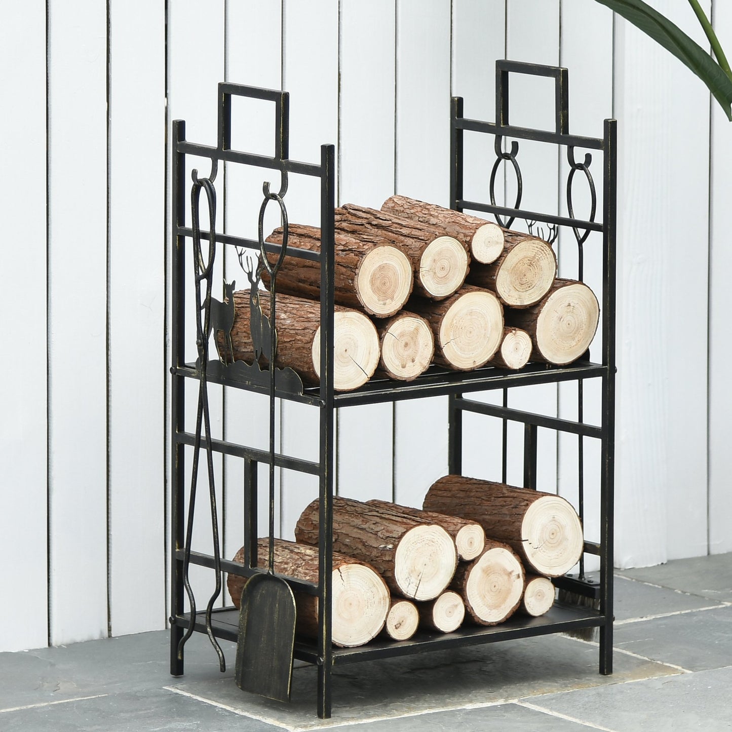 Outsunny 2-Layer Heavy Duty Firewood Rack Wood Log Fireplace Stacker w/ 4 Tools Gold | Aosom Canada