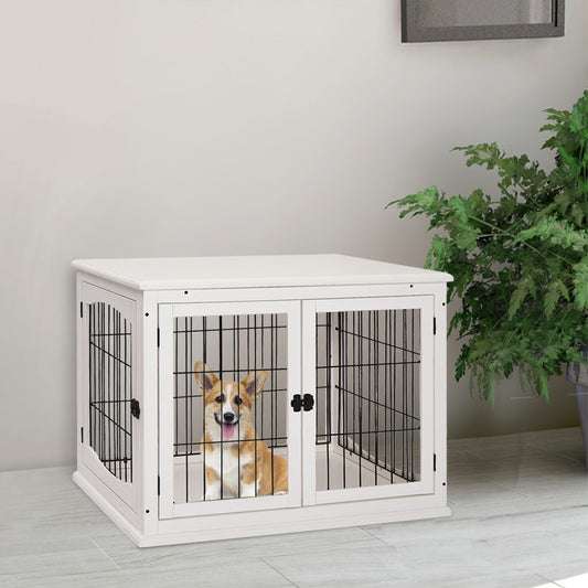 PawHut 26'' Wooden Decorative Dog Cage Pet Crate Kennel with Double Door Entrance & a Simple Modern Design, White | Aosom Canada