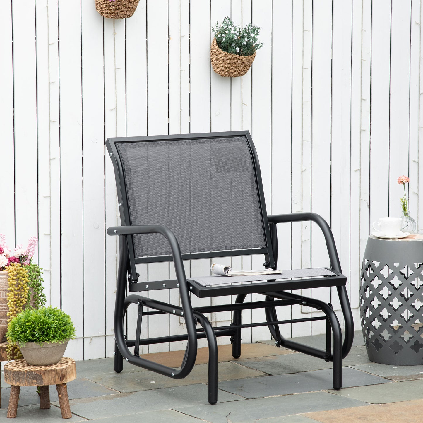 Outsunny Outdoor Glider Swing Chair with Breathable Mesh Seat and Backrest, Steel Frame, Curved Rocking Arms, Light Grey | Aosom Canada