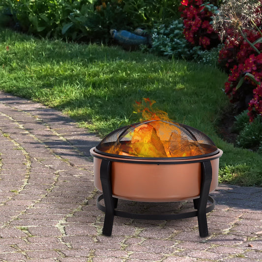 Outsunny Copper-Colored Round Basin Fire Pit Bowl with Organic Black Base, a Wood Poker, & Mesh Screen for Embers | Aosom Canada