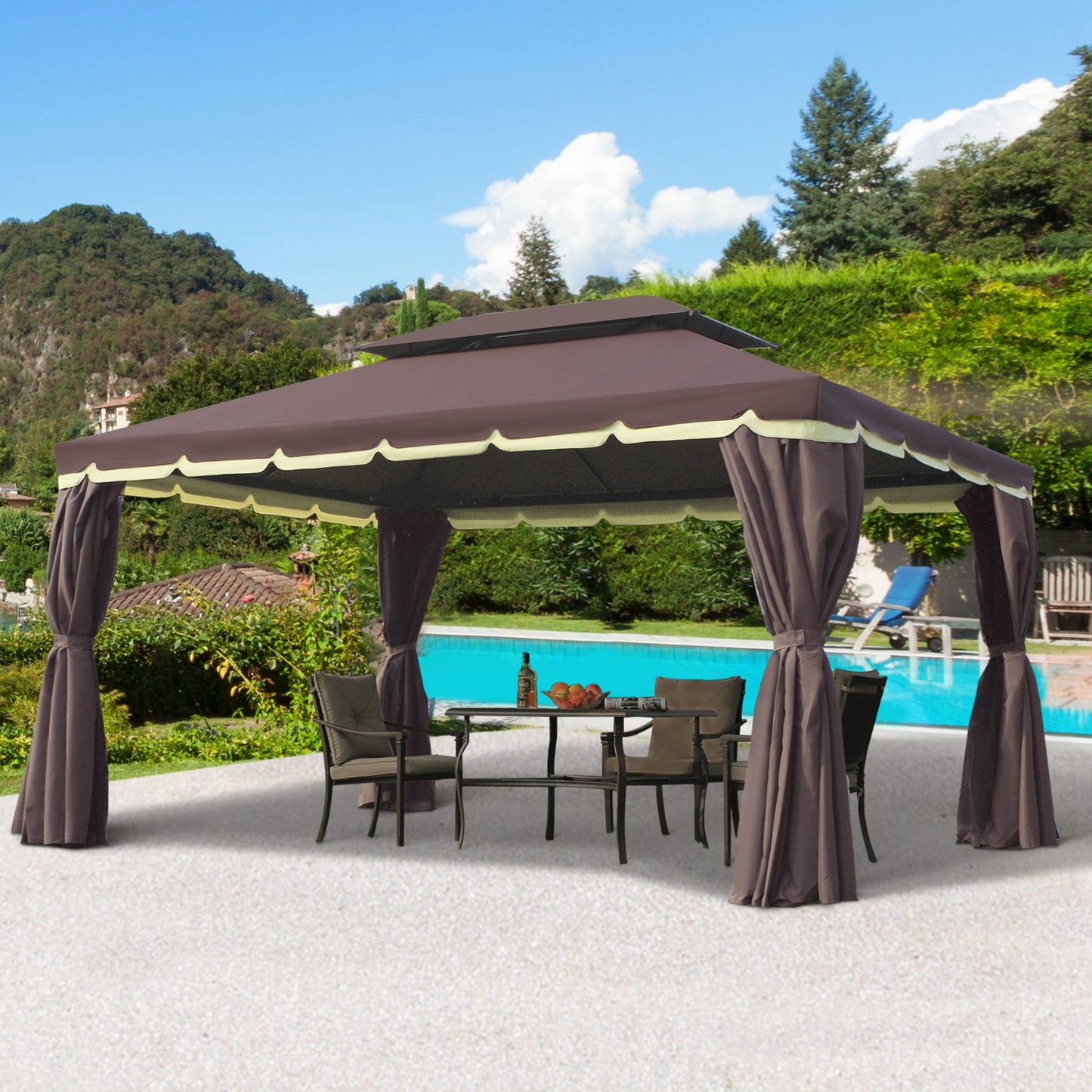 Outsunny 10 x 13ft Aluminum Frame Gazebo Canopy Double Tier Garden Shelter with Netting and Curtains, Coffee | Aosom Canada