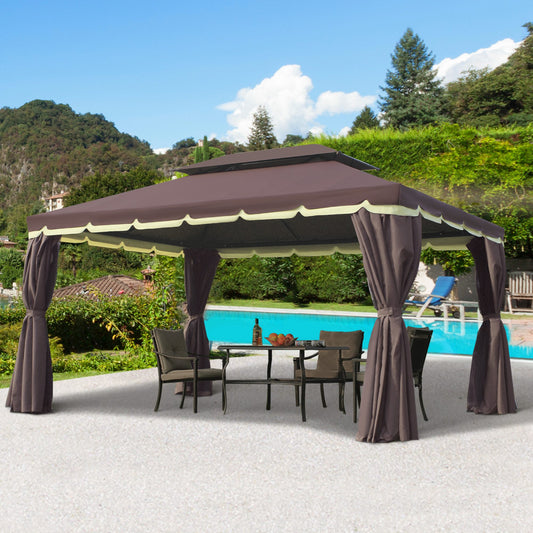 Outsunny 10 x 13ft Aluminum Frame Gazebo Canopy Double Tier Garden Shelter with Netting and Curtains, Coffee | Aosom Canada