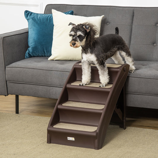 PawHut 4-Level Portable Pet Stairs, Foldable Dog Ramp, Lightweight Cat Steps, with Nonslip Soft Mats,Up to 44 lbs, Dark Brown | Aosom Canada