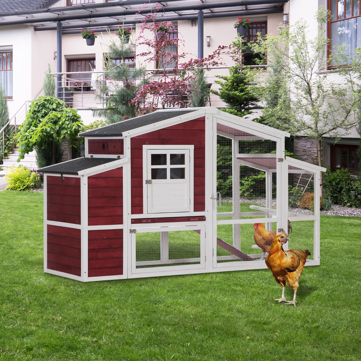 PawHut 79" Chicken Coop Wooden Hen House Rabbit Hutch Poultry Cage Pen Outdoor Backyard with Nesting and Running Box | Aosom Canada