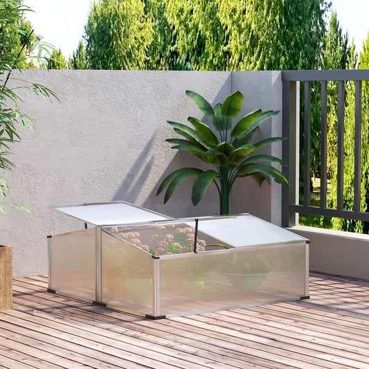 Outsunny Aluminium Cold Frame Greenhouse Kit Raised Plants Bed Protection with Independent Opening Tops, 47"x39"x16", Silver | Aosom Canada