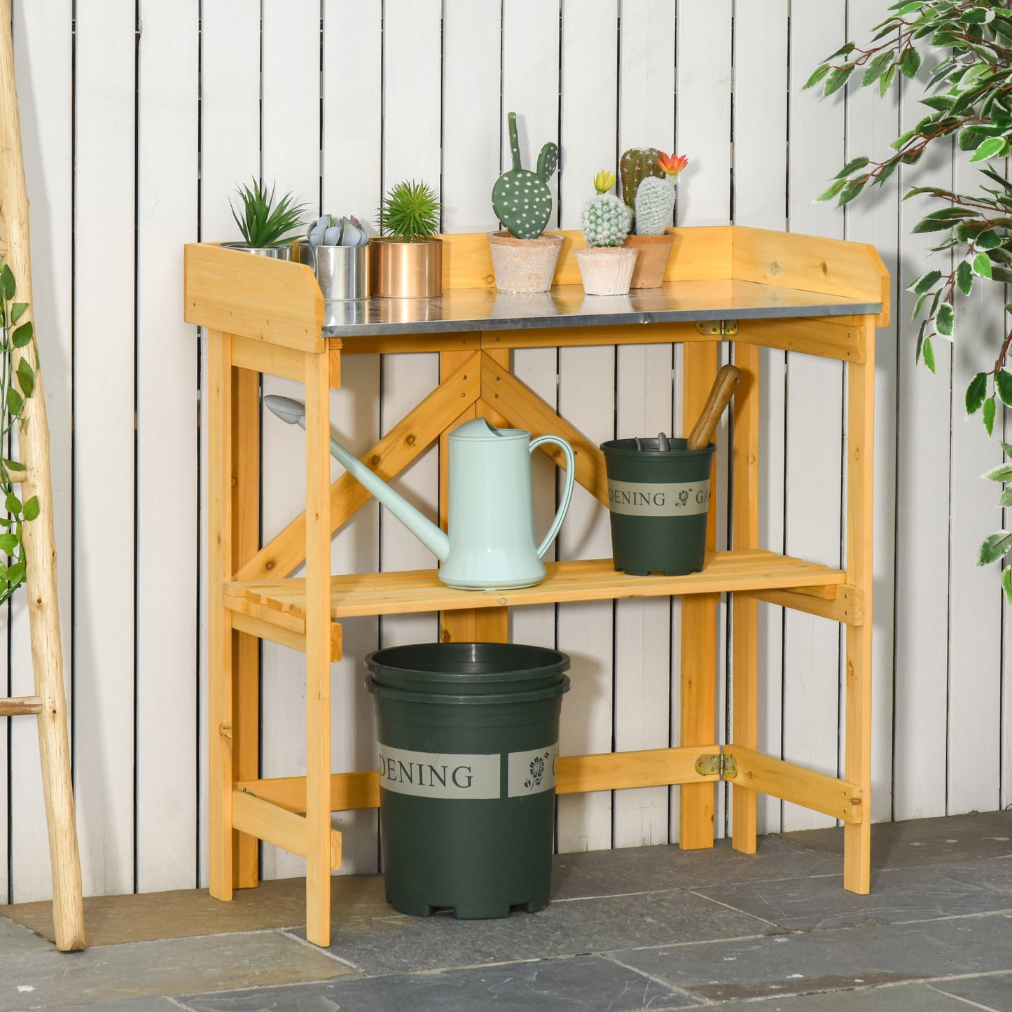 Outsunny Outdoor Garden Potting Bench Table Foldable Work Bench w/ Open Shelf Metal Tabletop Natural Wood Frame 33.5"x17.25"x35" Yellow | Aosom Canada