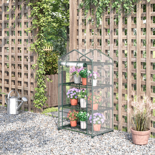 Outsunny 3 Tier Mini Greenhouse Portable Plant Greenhouse with Roll Up Door and Wire Shelves, 27" x 19" x 49", Clear | Aosom Canada