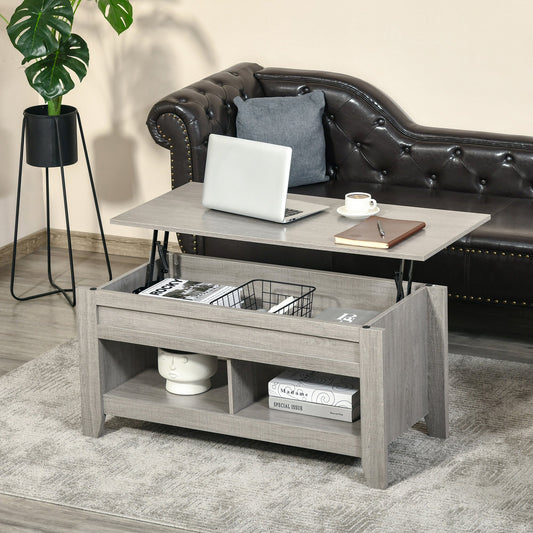 HOMCOM Lift Top Coffee Table with Hidden Storage Compartment and Open Shelves, Lift Tabletop Pop-Up Center Table, Light Grey | Aosom Canada