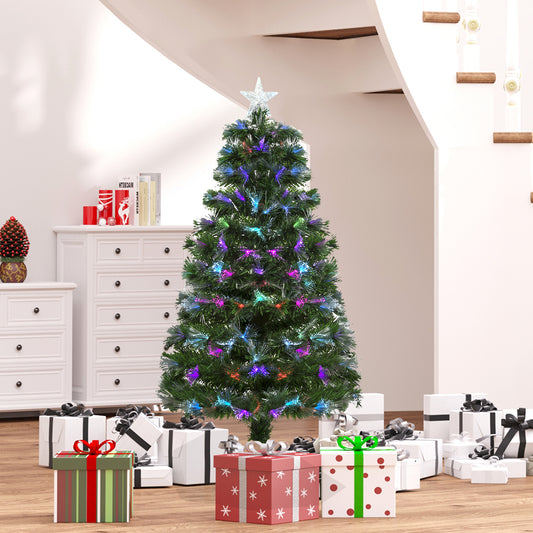 HOMCOM 4ft Xmas Tree Pre-Lit LED Christmas Tree Optic Fiber with Top Star Artificial Fireworks Spruce Tree Multi-Color w/ Stand | Aosom Canada