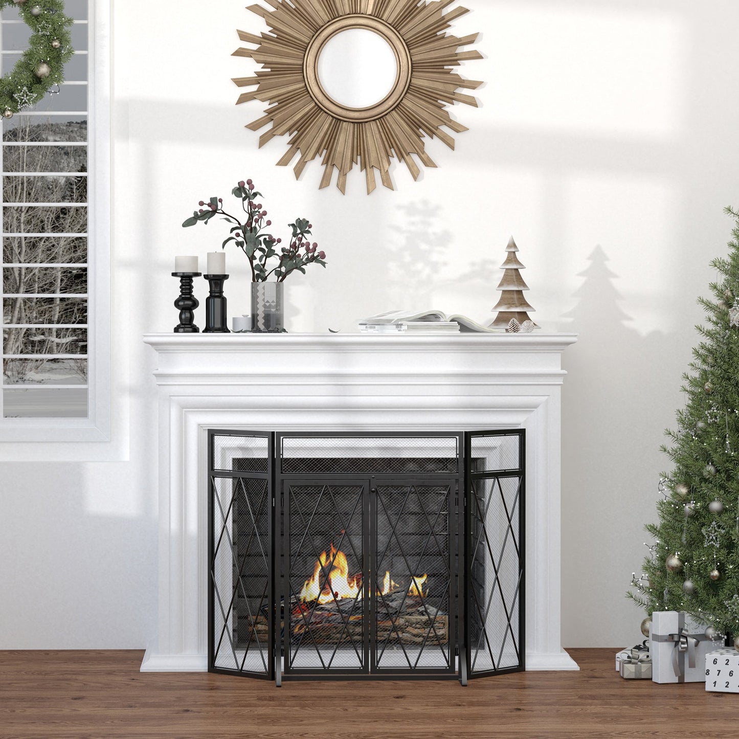 HOMCOM 3-Panel Folding Fireplace Screen with Double Doors, Home Steel Fire Spark Guard, Black | Aosom Canada