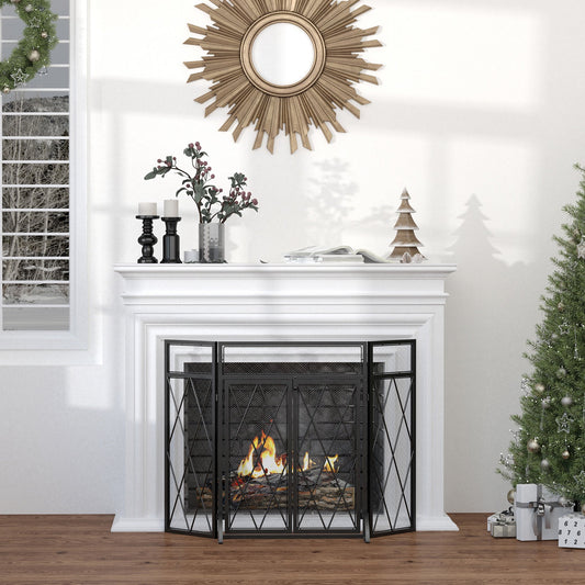 HOMCOM 3-Panel Folding Fireplace Screen with Double Doors, Home Steel Fire Spark Guard, Black | Aosom Canada