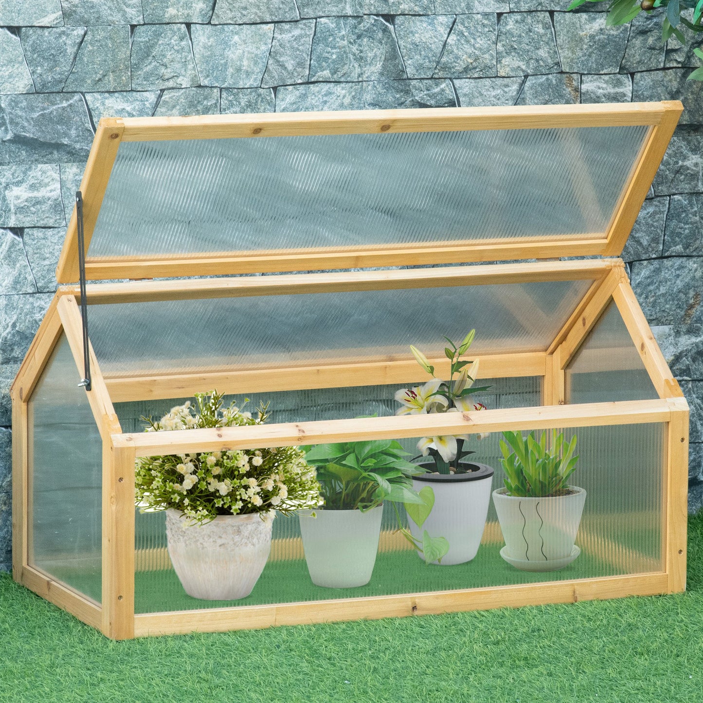 Outsunny Wooden Cold Frame Greenhouse Garden Polycarbonate Grow House  with Openable Top, 35.5" x 20.5" x 19.5", Light Brown | Aosom Canada
