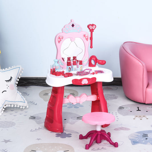 Qaba Child Dressing Table Set for Kids 3-6 Years Princess Vanity Set for Girls Make Up Table and Set w/ Music Lightening Pink White | Aosom Canada