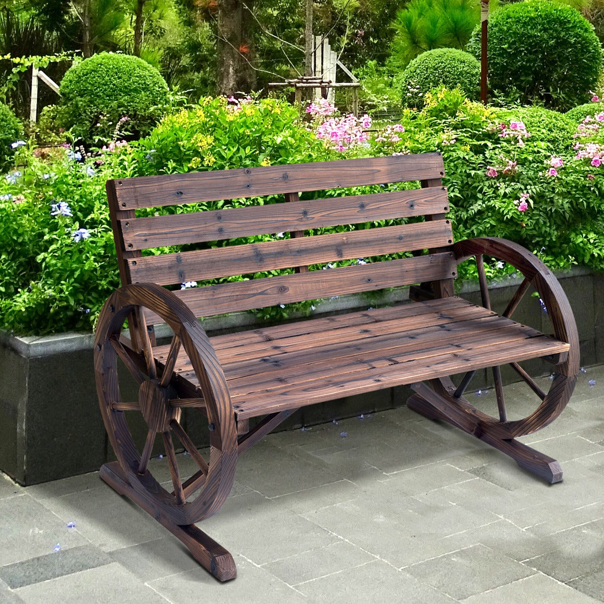 Outsunny 42" Wood Wagon Wheel Bench Garden Loveseat Rustic Seat Relaxing Lounge Chair Outdoor Decorative Seat Park Decor Brown | Aosom Canada