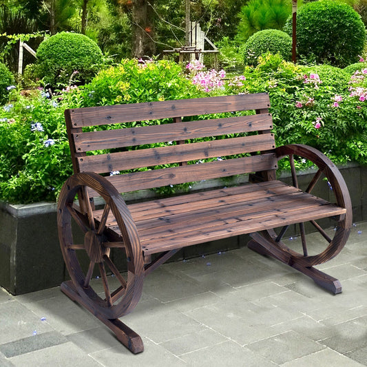 Outsunny 42" Wood Wagon Wheel Bench Garden Loveseat Rustic Seat Relaxing Lounge Chair Outdoor Decorative Seat Park Decor Brown | Aosom Canada