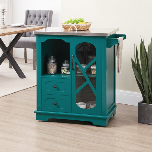 HOMCOM Rolling Kitchen Island Storage Cart, Kitchen Cabinet with Stainless Steel Top, Glass Door & Drawers for Kitchen, Green | Aosom Canada