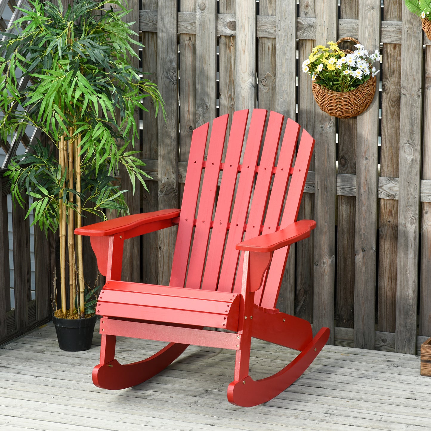 Outsunny Wooden Adirondack Rocking Chair with Slatted Wooden Design, Fanned Back, & Classic Rustic Style, Red | Aosom Canada