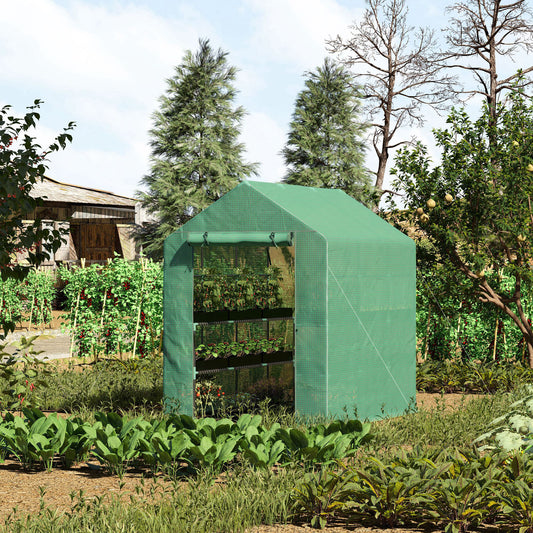 Outsunny 84"x 56" x 77" 2 Tier Greenhouse Outdoor Plant Garden PE Cover Steel Frame with Roll up Door, Green | Aosom Canada